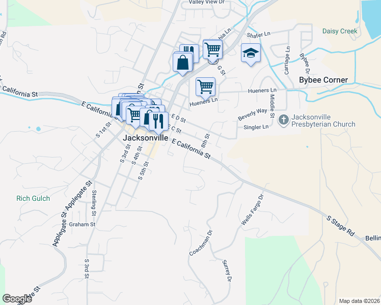 map of restaurants, bars, coffee shops, grocery stores, and more near 620 East California Street in Jacksonville