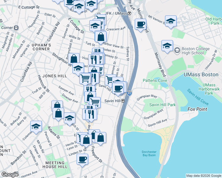 map of restaurants, bars, coffee shops, grocery stores, and more near 87 Savin Hill Avenue in Boston