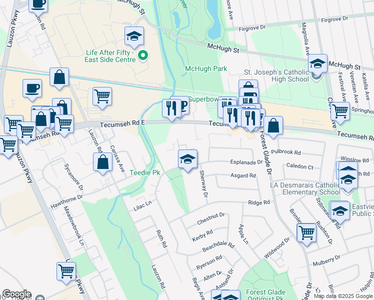 map of restaurants, bars, coffee shops, grocery stores, and more near 2740 Scarsdale Road in Windsor