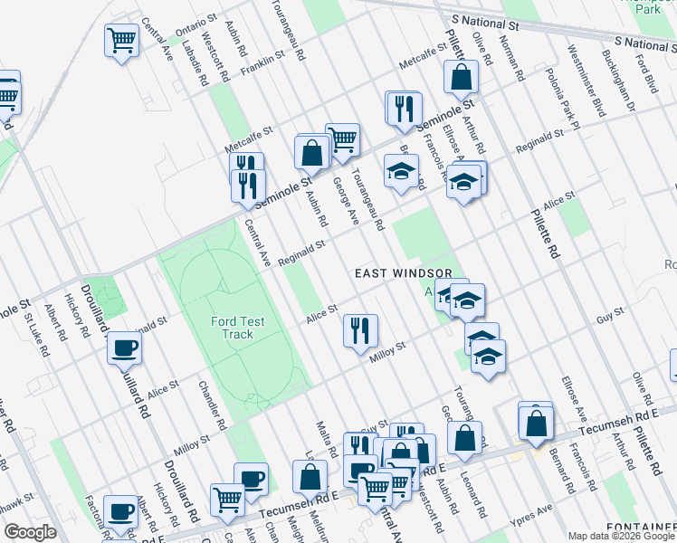 map of restaurants, bars, coffee shops, grocery stores, and more near 1685 Aubin Road in Windsor