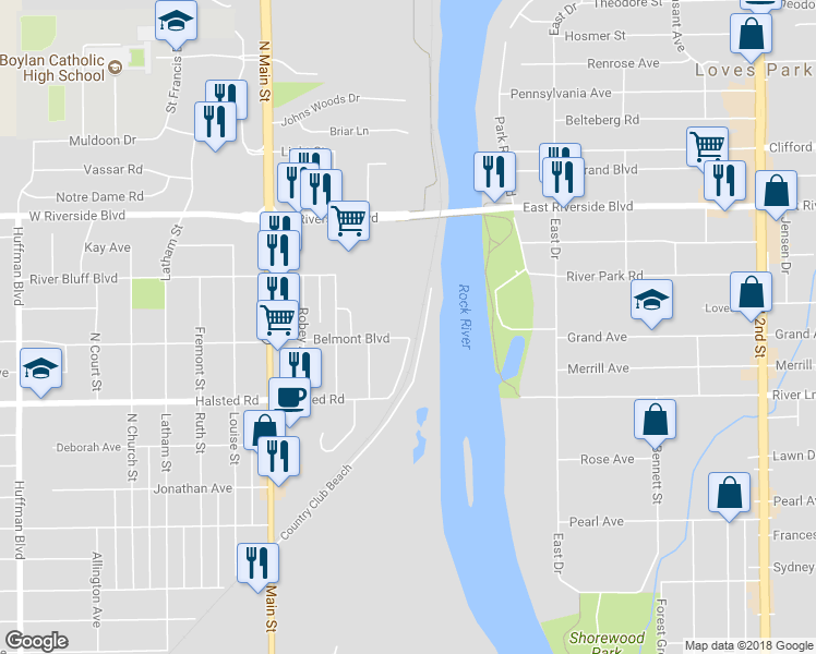 map of restaurants, bars, coffee shops, grocery stores, and more near 719 Belmont Boulevard in Rockford