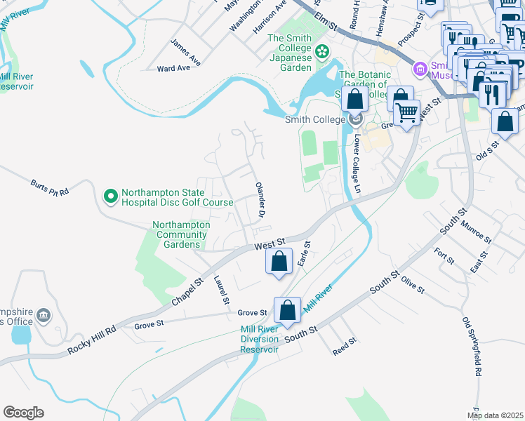 map of restaurants, bars, coffee shops, grocery stores, and more near 45 Olander Drive in Northampton