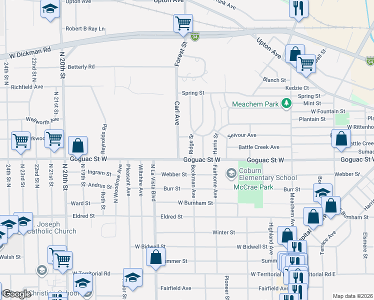map of restaurants, bars, coffee shops, grocery stores, and more near 403 Goguac Street West in Battle Creek
