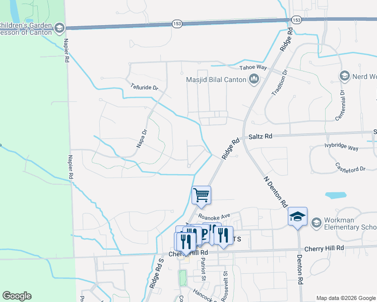 map of restaurants, bars, coffee shops, grocery stores, and more near 827 Ridge Road North in Canton