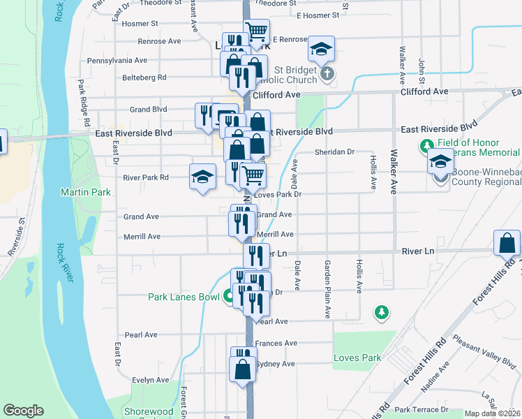 map of restaurants, bars, coffee shops, grocery stores, and more near 517 Grand Avenue in Loves Park