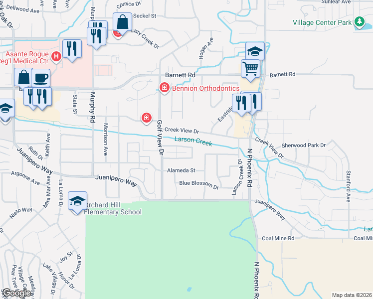 map of restaurants, bars, coffee shops, grocery stores, and more near 3324 Hidden Springs Drive in Medford