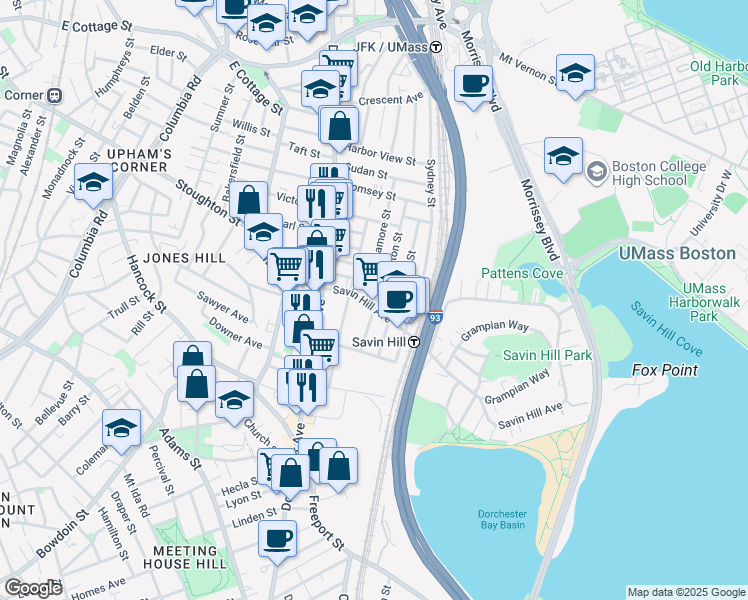 map of restaurants, bars, coffee shops, grocery stores, and more near 87 Savin Hill Avenue in Boston