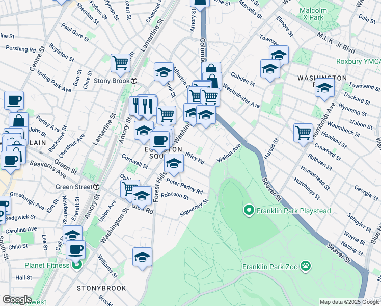 map of restaurants, bars, coffee shops, grocery stores, and more near 70 Montebello Road in Boston