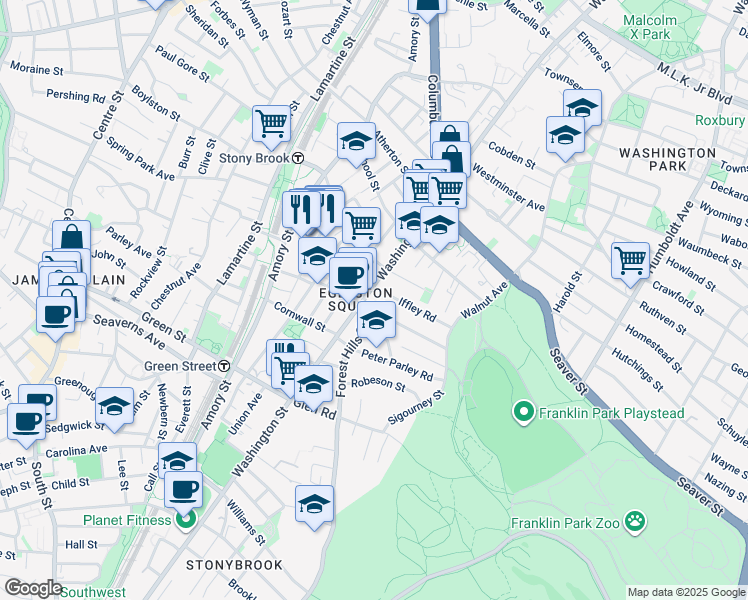 map of restaurants, bars, coffee shops, grocery stores, and more near 10 Forest Hills Street in Boston