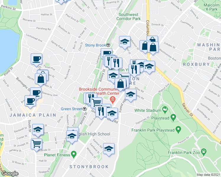 map of restaurants, bars, coffee shops, grocery stores, and more near 73 Merriam Street in Boston