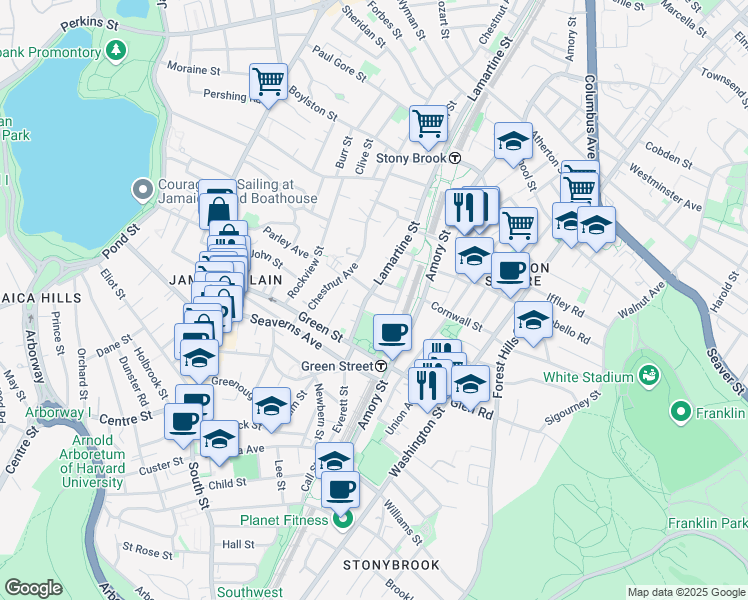 map of restaurants, bars, coffee shops, grocery stores, and more near 3 Oakdale Terrace in Boston
