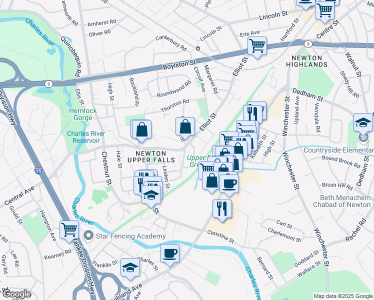 map of restaurants, bars, coffee shops, grocery stores, and more near 31 Wetherell Street in Newton