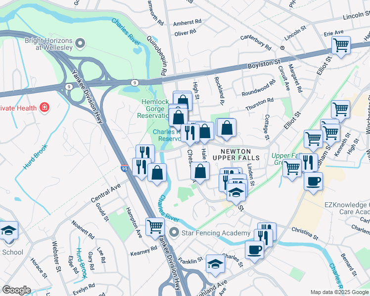 map of restaurants, bars, coffee shops, grocery stores, and more near 1075 Chestnut Street in Newton