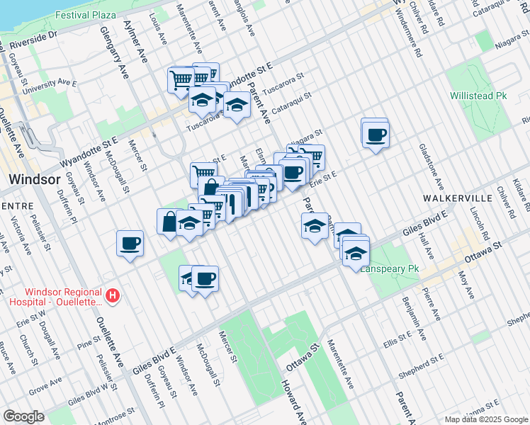 map of restaurants, bars, coffee shops, grocery stores, and more near 1031 Louis Avenue in Windsor