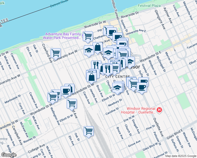 map of restaurants, bars, coffee shops, grocery stores, and more near in Windsor