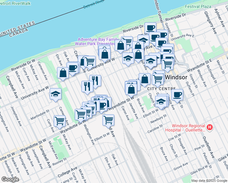 map of restaurants, bars, coffee shops, grocery stores, and more near 535 Caron Avenue in Windsor