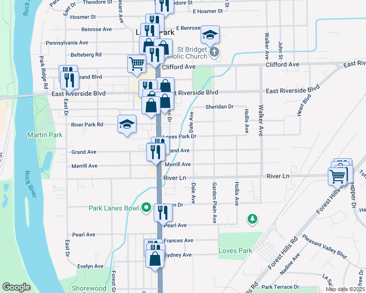 map of restaurants, bars, coffee shops, grocery stores, and more near 537 Grand Avenue in Loves Park