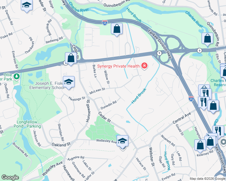map of restaurants, bars, coffee shops, grocery stores, and more near 40 Dunedin Road in Wellesley