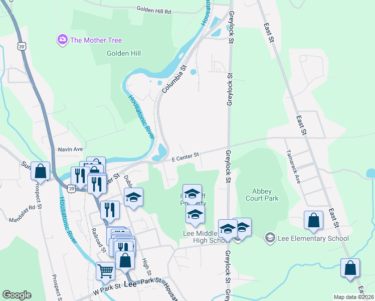 map of restaurants, bars, coffee shops, grocery stores, and more near 64 East Center Street in Lee