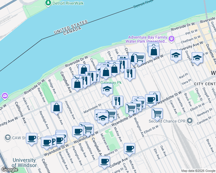 map of restaurants, bars, coffee shops, grocery stores, and more near 352 Cameron Avenue in Windsor