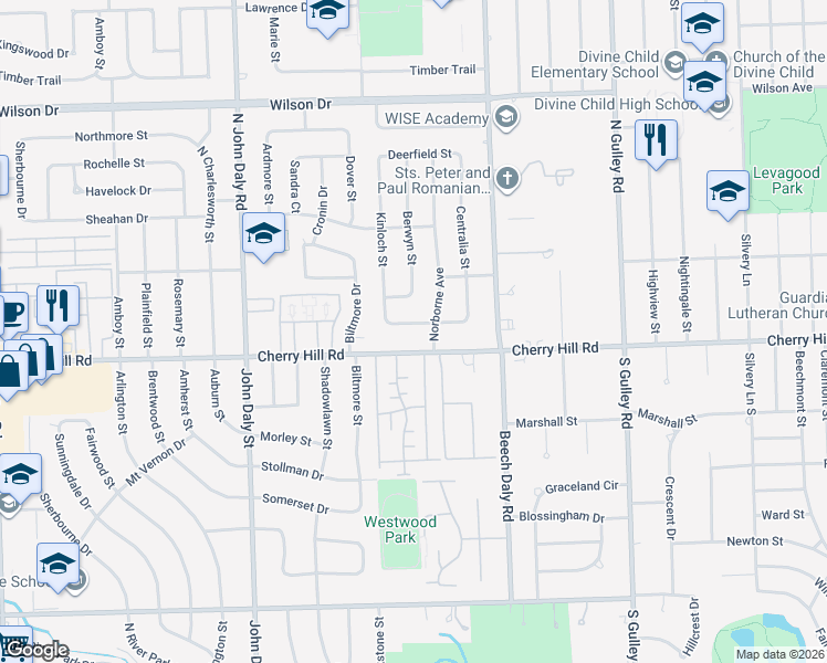 map of restaurants, bars, coffee shops, grocery stores, and more near 26030 Cherry Hill Road in Dearborn Heights