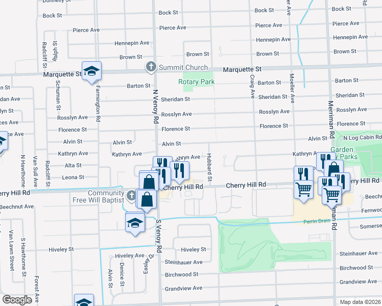 map of restaurants, bars, coffee shops, grocery stores, and more near 32493 Kathryn Street in Garden City