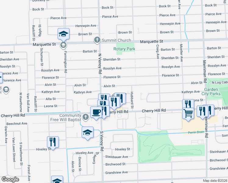 map of restaurants, bars, coffee shops, grocery stores, and more near 32585 Kathryn Street in Garden City