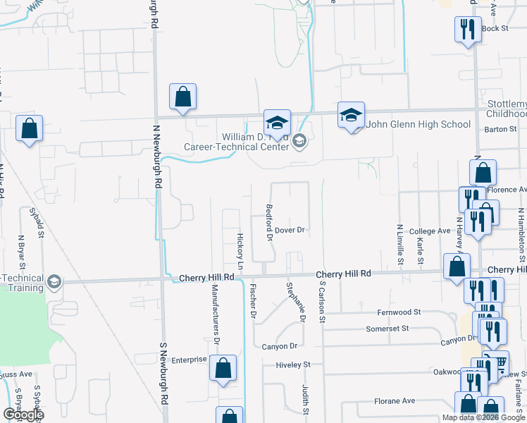 map of restaurants, bars, coffee shops, grocery stores, and more near 350 Bedford Drive in Westland