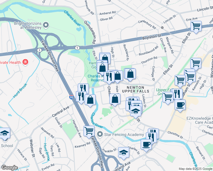 map of restaurants, bars, coffee shops, grocery stores, and more near 366 Elliot Street in Newton