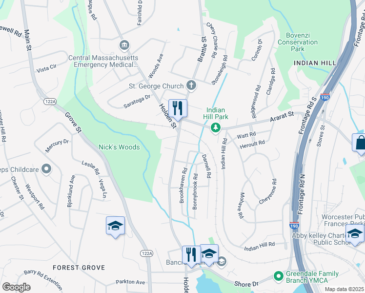 map of restaurants, bars, coffee shops, grocery stores, and more near 158 Holden Street in Worcester
