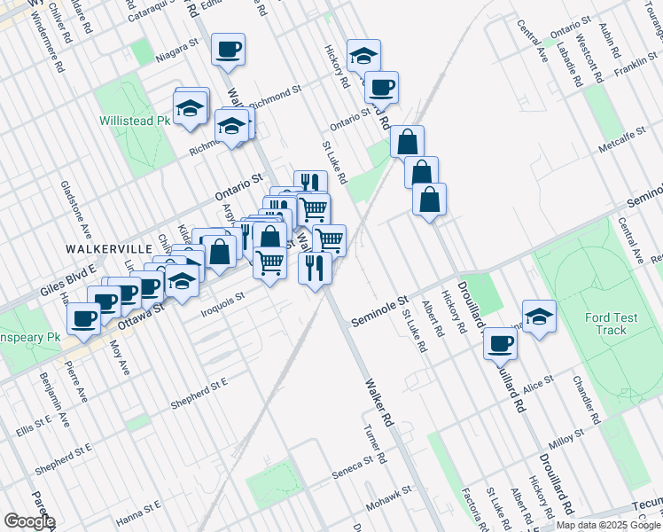 map of restaurants, bars, coffee shops, grocery stores, and more near 1375 Walker Road in Windsor