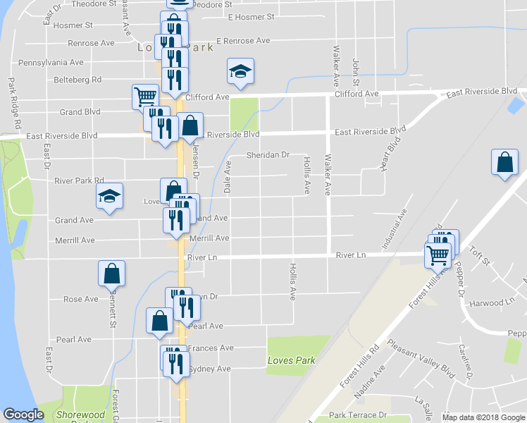 map of restaurants, bars, coffee shops, grocery stores, and more near 5701 Garden Plain Avenue in Loves Park