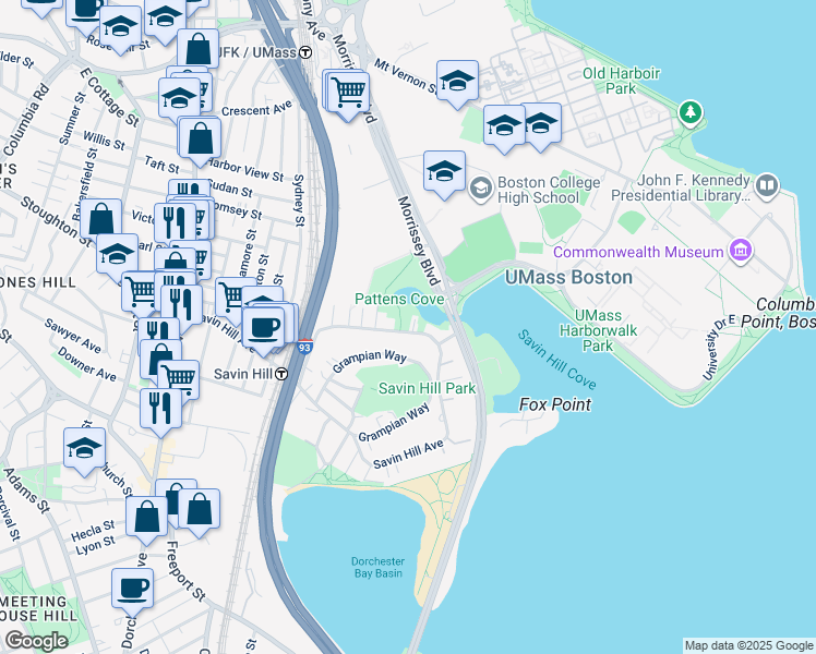 map of restaurants, bars, coffee shops, grocery stores, and more near 307 Savin Hill Avenue in Boston