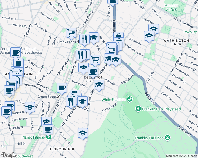 map of restaurants, bars, coffee shops, grocery stores, and more near 10 Forest Hills Street in Boston