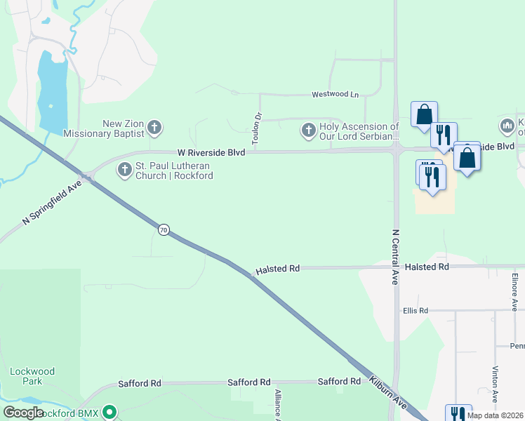 map of restaurants, bars, coffee shops, grocery stores, and more near 4465 Halsted Road in Rockford