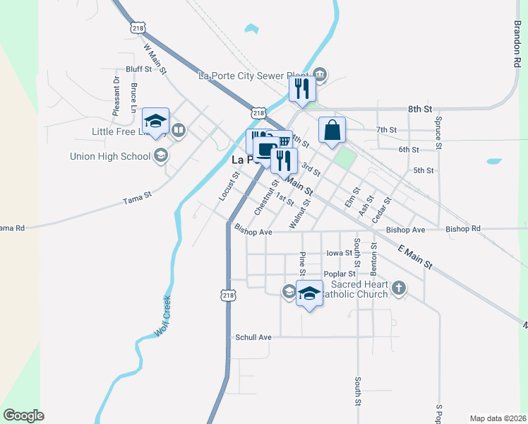 map of restaurants, bars, coffee shops, grocery stores, and more near 604 Sycamore Street in La Porte City