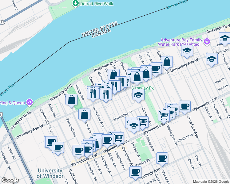 map of restaurants, bars, coffee shops, grocery stores, and more near 1518 University Avenue West in Windsor