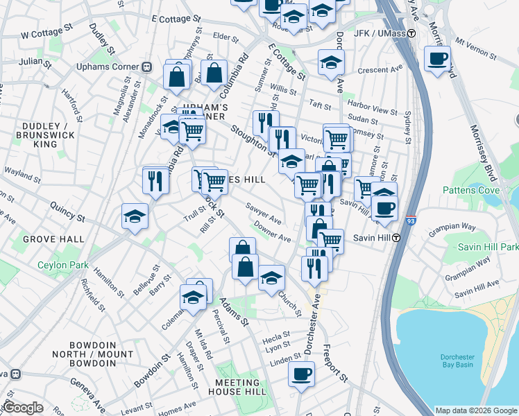 map of restaurants, bars, coffee shops, grocery stores, and more near 60 Downer Avenue in Boston