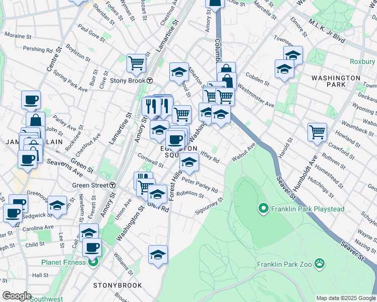 map of restaurants, bars, coffee shops, grocery stores, and more near 10 Forest Hills Street in Boston