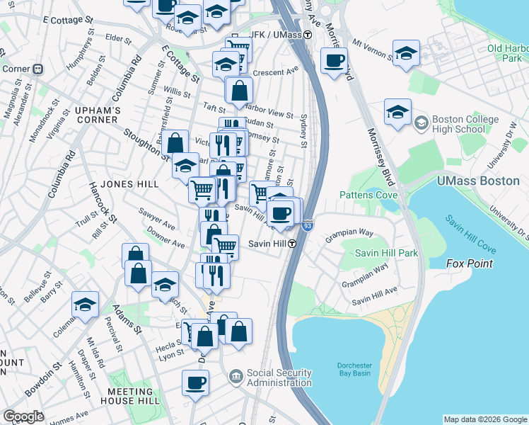 map of restaurants, bars, coffee shops, grocery stores, and more near 8 Saxton Street in Boston