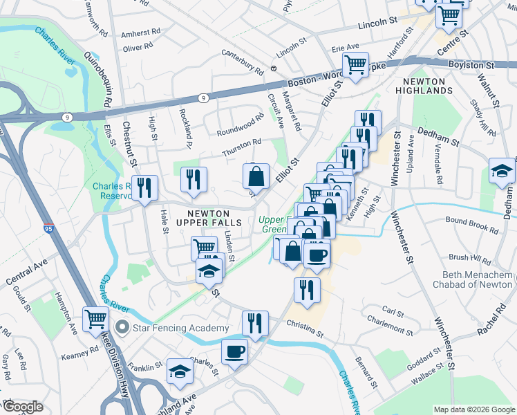 map of restaurants, bars, coffee shops, grocery stores, and more near 31 Wetherell Street in Newton