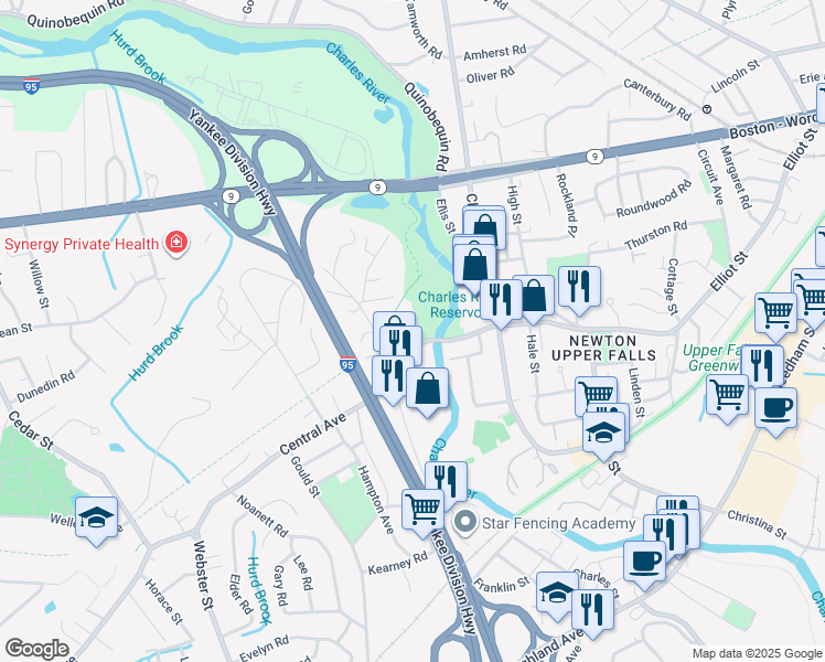 map of restaurants, bars, coffee shops, grocery stores, and more near 16 Central Avenue in Needham