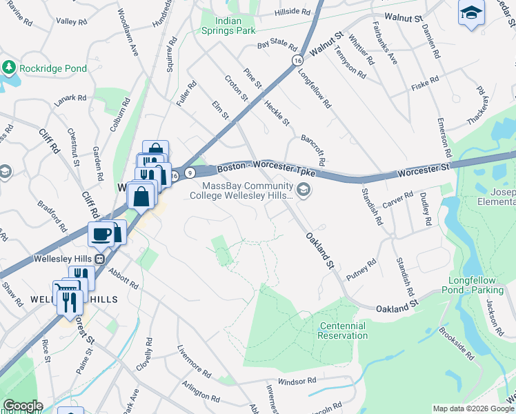 map of restaurants, bars, coffee shops, grocery stores, and more near 23 Oakland Circle in Wellesley