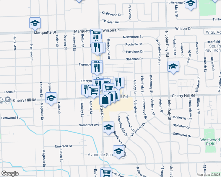 map of restaurants, bars, coffee shops, grocery stores, and more near 27300 Cherry Hill Road in Dearborn Heights