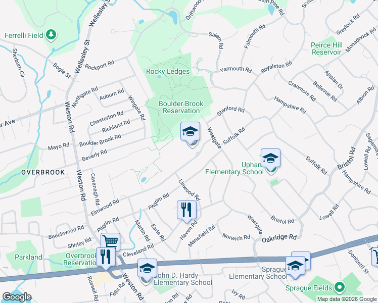 map of restaurants, bars, coffee shops, grocery stores, and more near 116 Elmwood Road in Wellesley