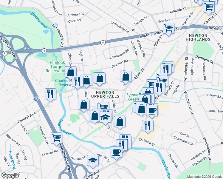 map of restaurants, bars, coffee shops, grocery stores, and more near Elliot Street in Newton