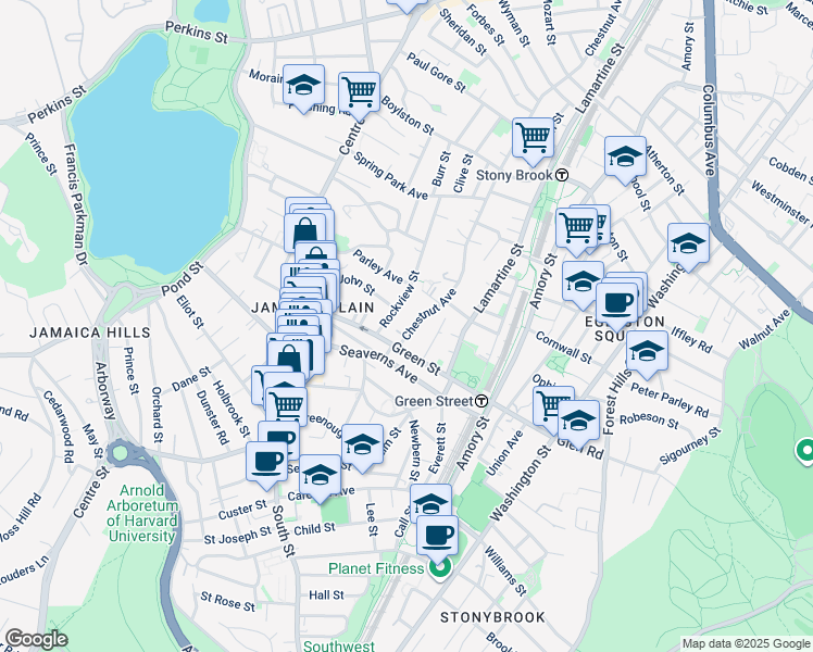 map of restaurants, bars, coffee shops, grocery stores, and more near 62 Green Street in Boston