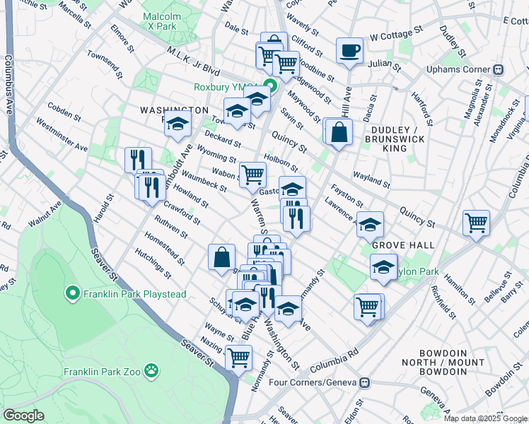 map of restaurants, bars, coffee shops, grocery stores, and more near 575 Warren Street in Boston
