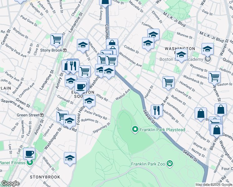 map of restaurants, bars, coffee shops, grocery stores, and more near 450 Walnut Avenue in Boston