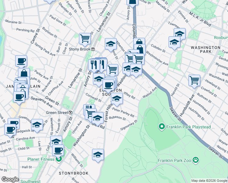 map of restaurants, bars, coffee shops, grocery stores, and more near 10 Forest Hills Street in Boston